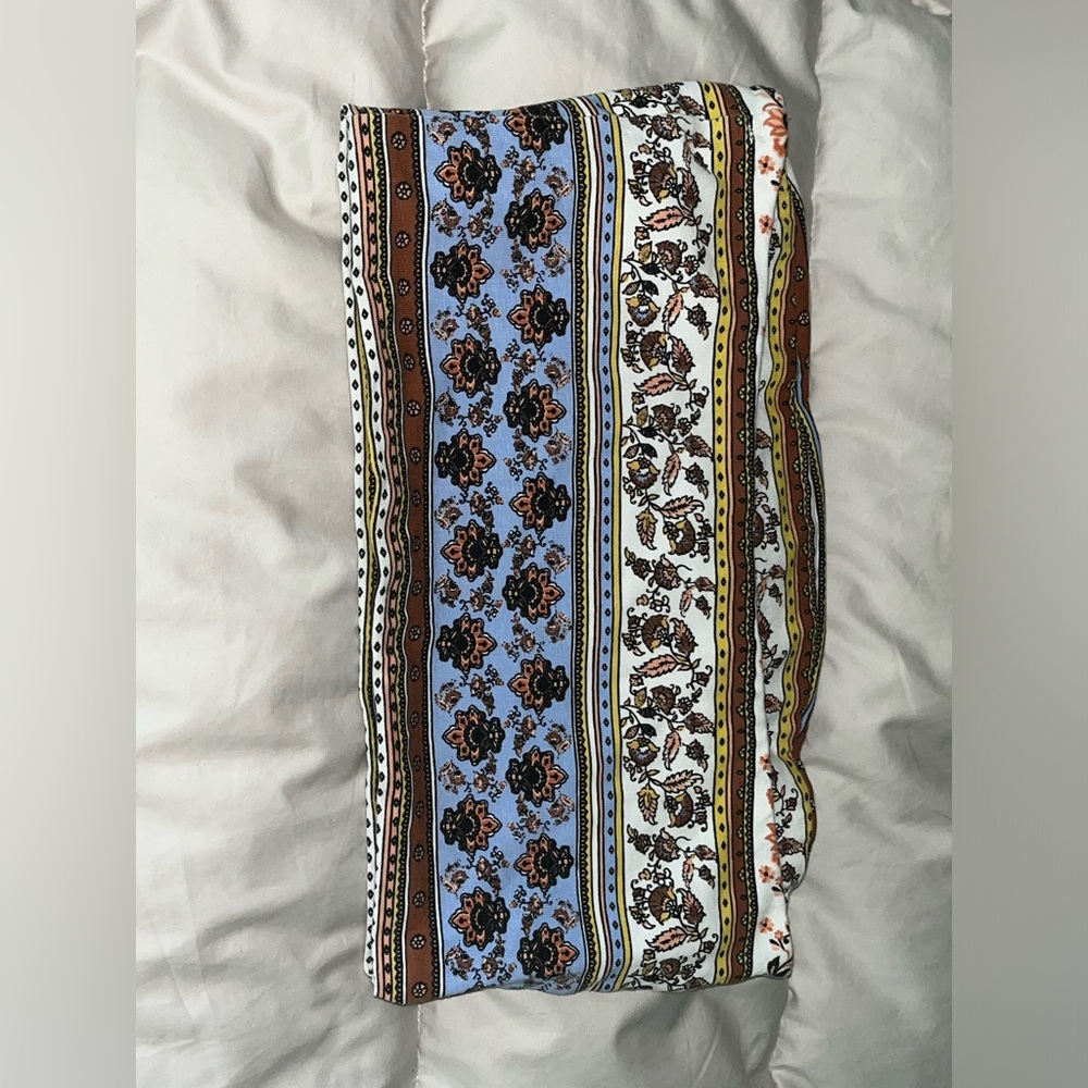 Blue and brown patterned bandeau cropped top